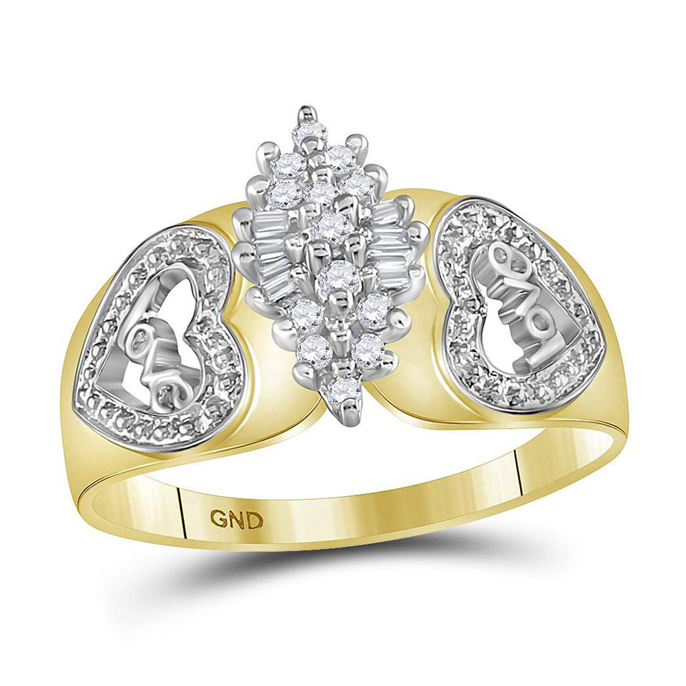 10kt Two-tone Yellow Gold Womens Round Diamond Oval Cluster Love Heart Ring 1/8 Cttw