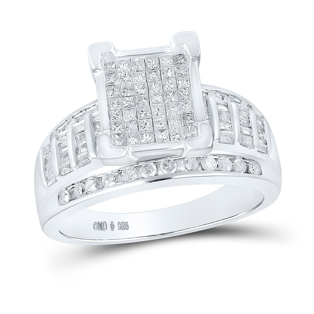 Sterling Silver Princess Diamond Square Cluster Bridal Wedding Engagement Ring 1 Cttw