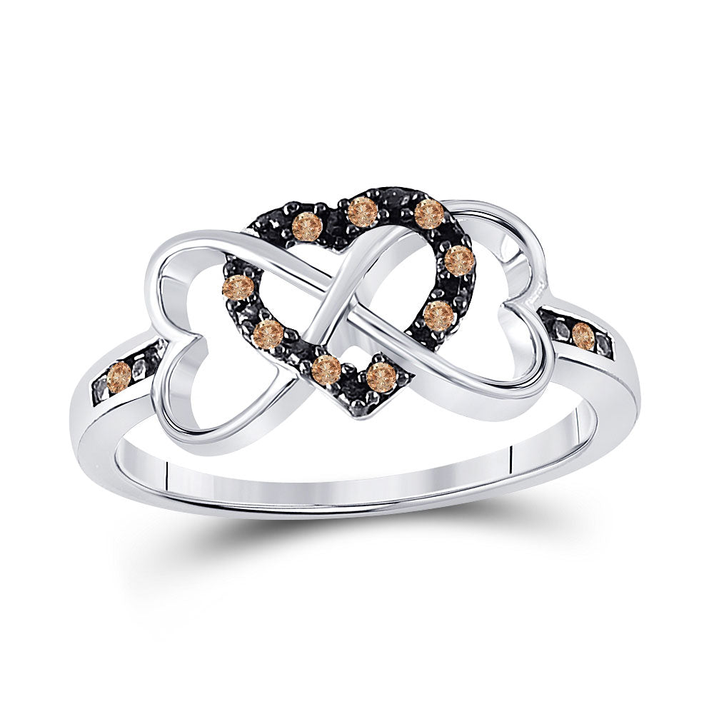 Sterling Silver Womens Round Brown Diamond Triple Heart Ring 1/10 Cttw