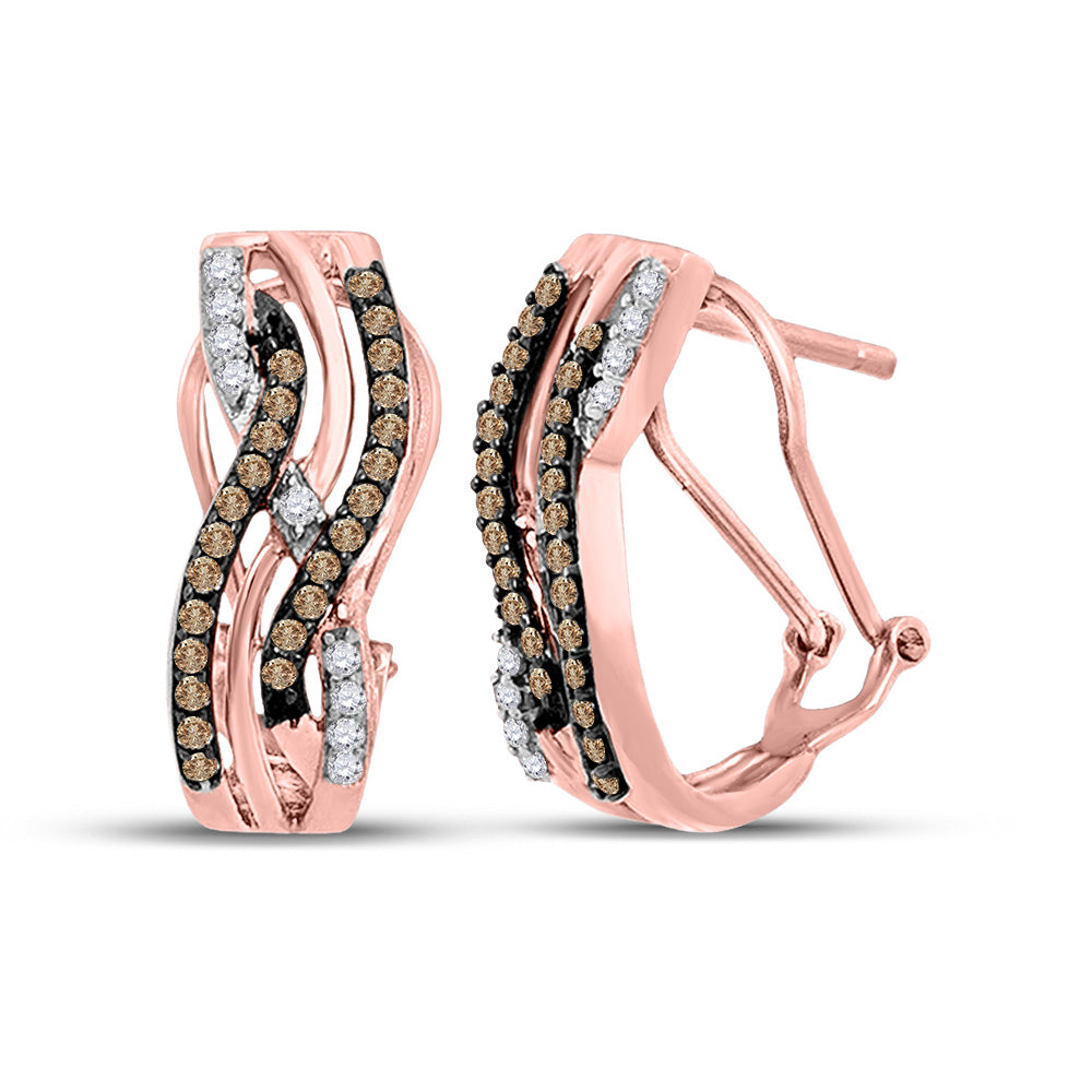 10kt Rose Gold Womens Round Brown Diamond Hoop Earrings 1/2 Cttw