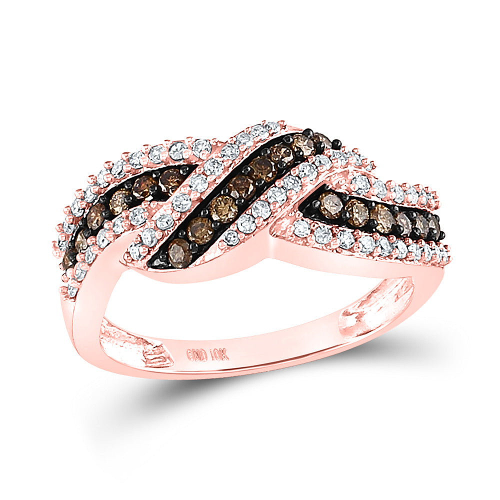 10kt Rose Gold Womens Round Brown Diamond Crossover Band Ring 3/4 Cttw