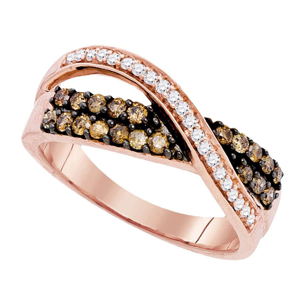10kt Rose Gold Womens Round Brown Diamond Crossover Band Ring 1/2 Cttw