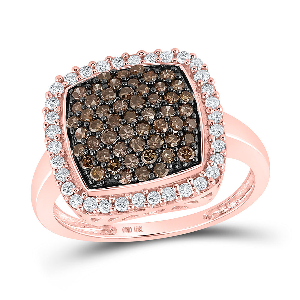 10kt Rose Gold Womens Round Brown Diamond Square Cluster Ring 1 Cttw