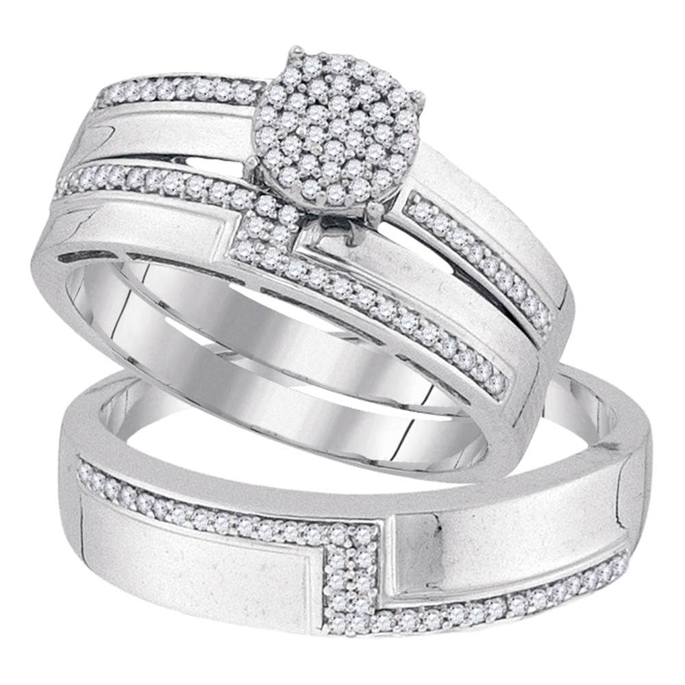 10kt White Gold His Hers Round Diamond Cluster Matching Wedding Set 1/3 Cttw