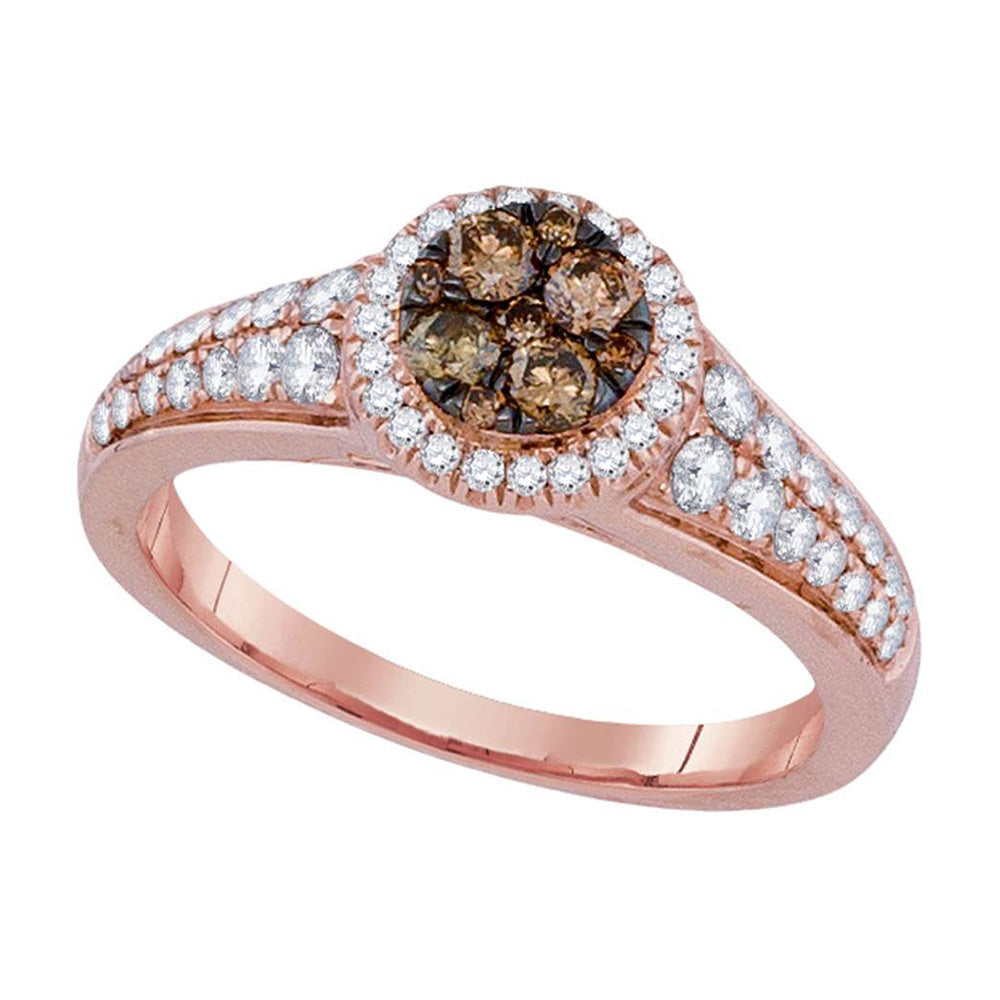 14kt Rose Gold Womens Round Brown Diamond Cluster Ring 3/4 Cttw