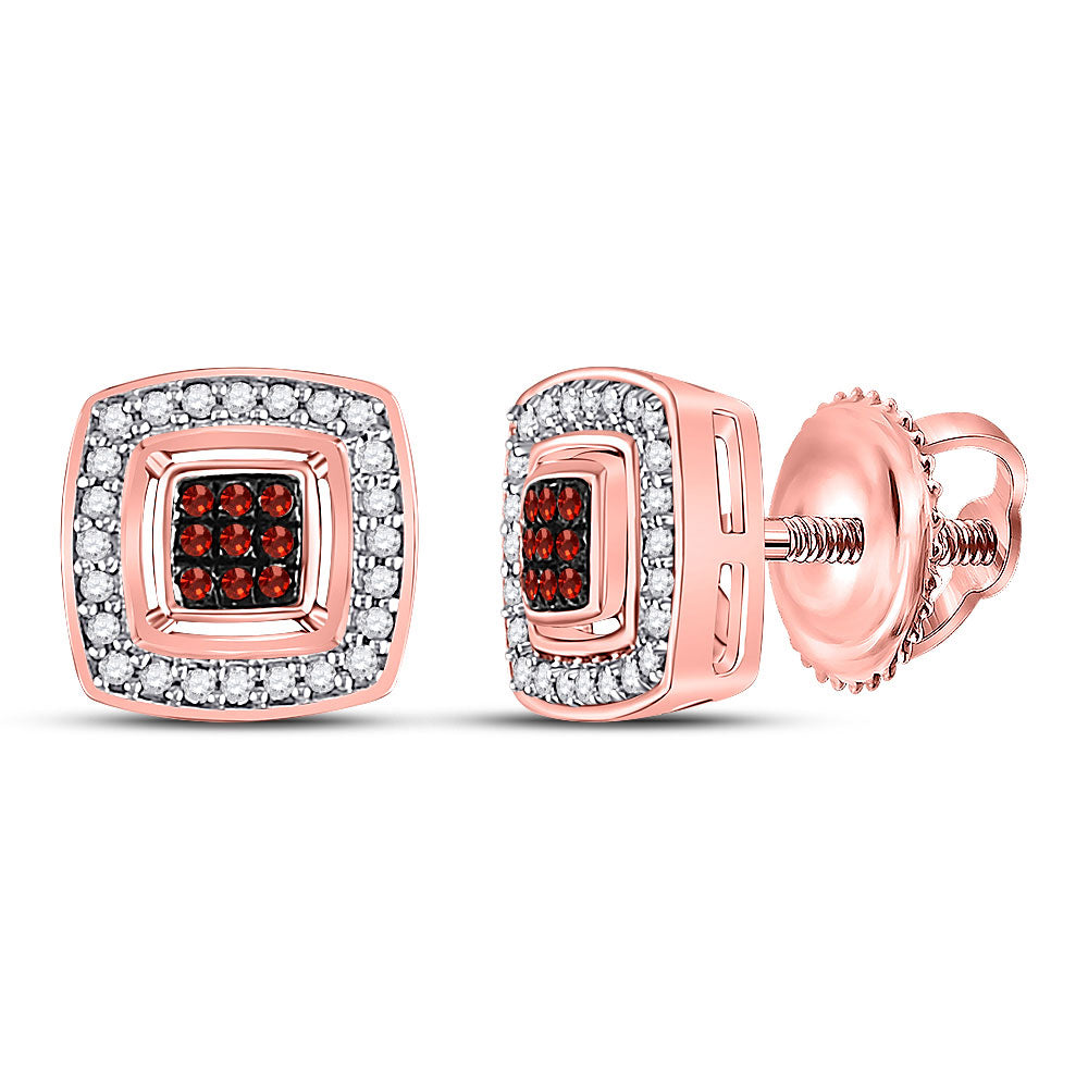 10kt Rose Gold Womens Round Red Color Enhanced Diamond Cluster Earrings 1/6 Cttw