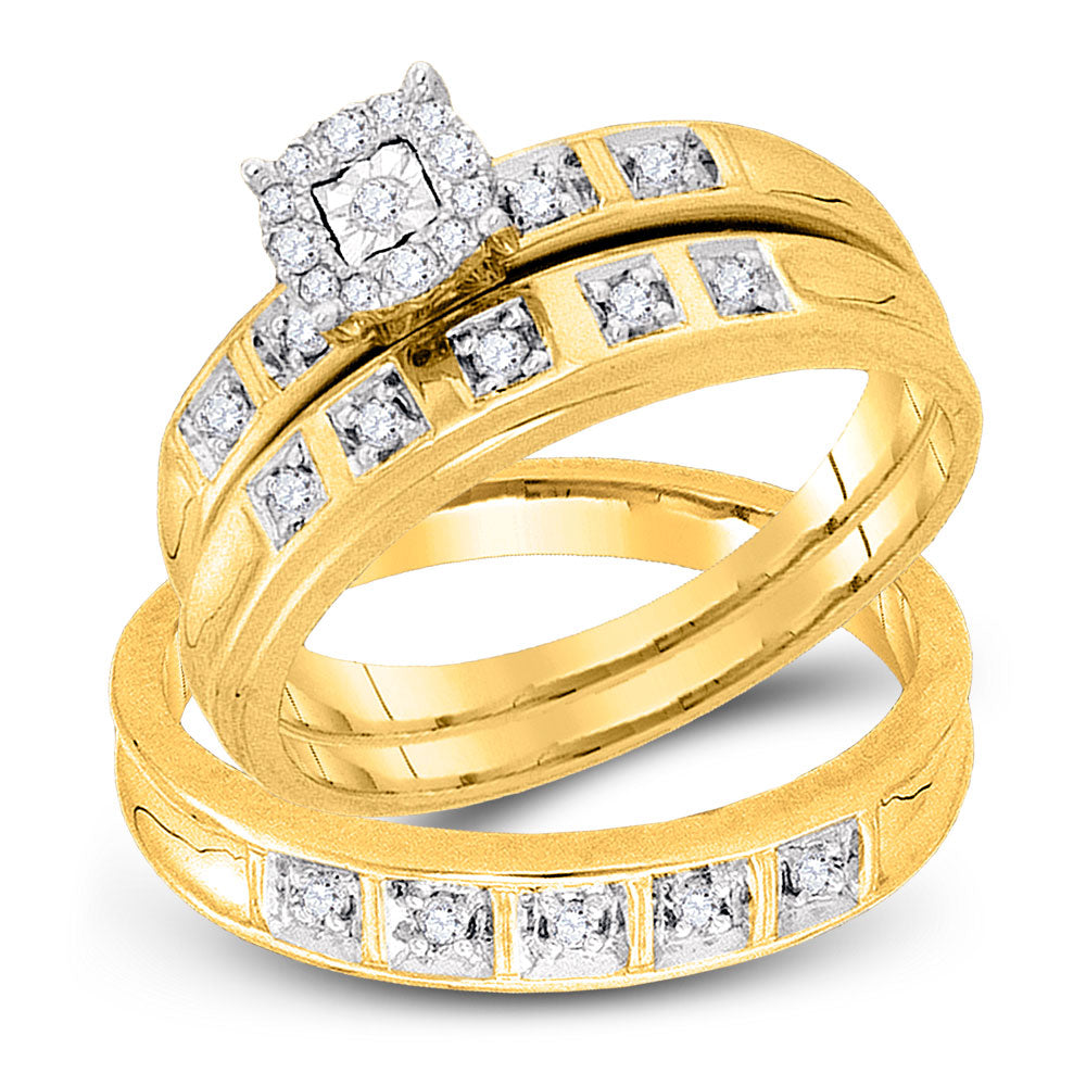 10kt Yellow Gold His Hers Round Diamond Cluster Matching Wedding Set 1/4 Cttw