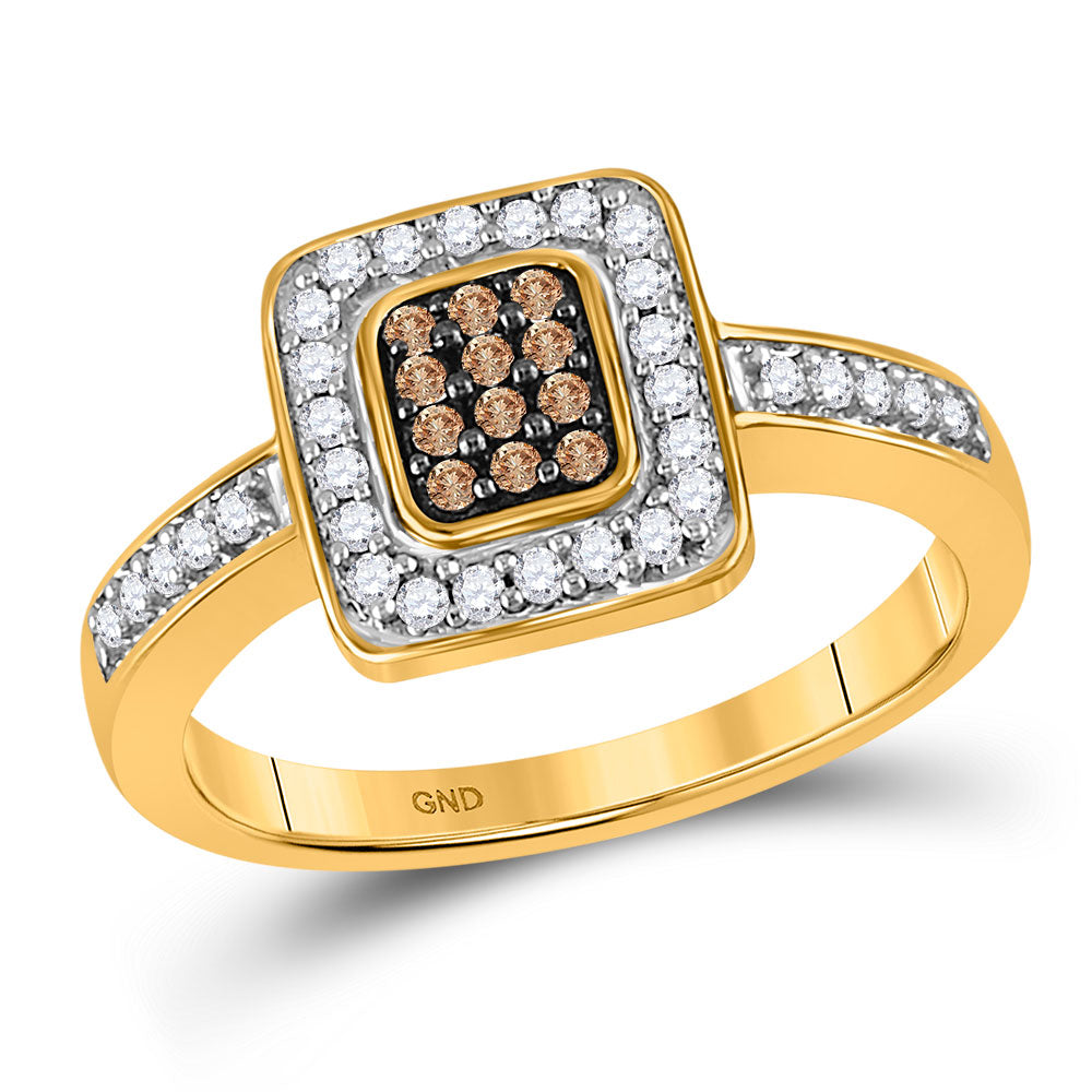 10kt Yellow Gold Womens Round Brown Diamond Square Cluster Ring 1/3 Cttw
