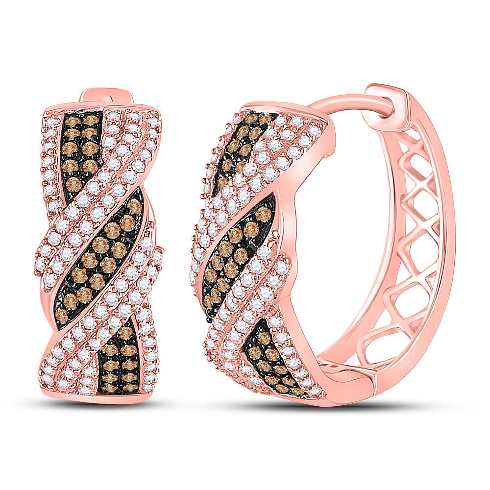 10kt Rose Gold Womens Round Brown Diamond Twist Hoop Earrings 3/4 Cttw