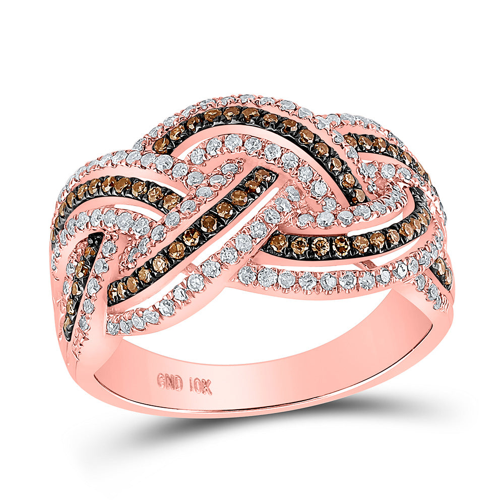 10kt Rose Gold Womens Round Brown Diamond Braid Fashion Ring 3/4 Cttw