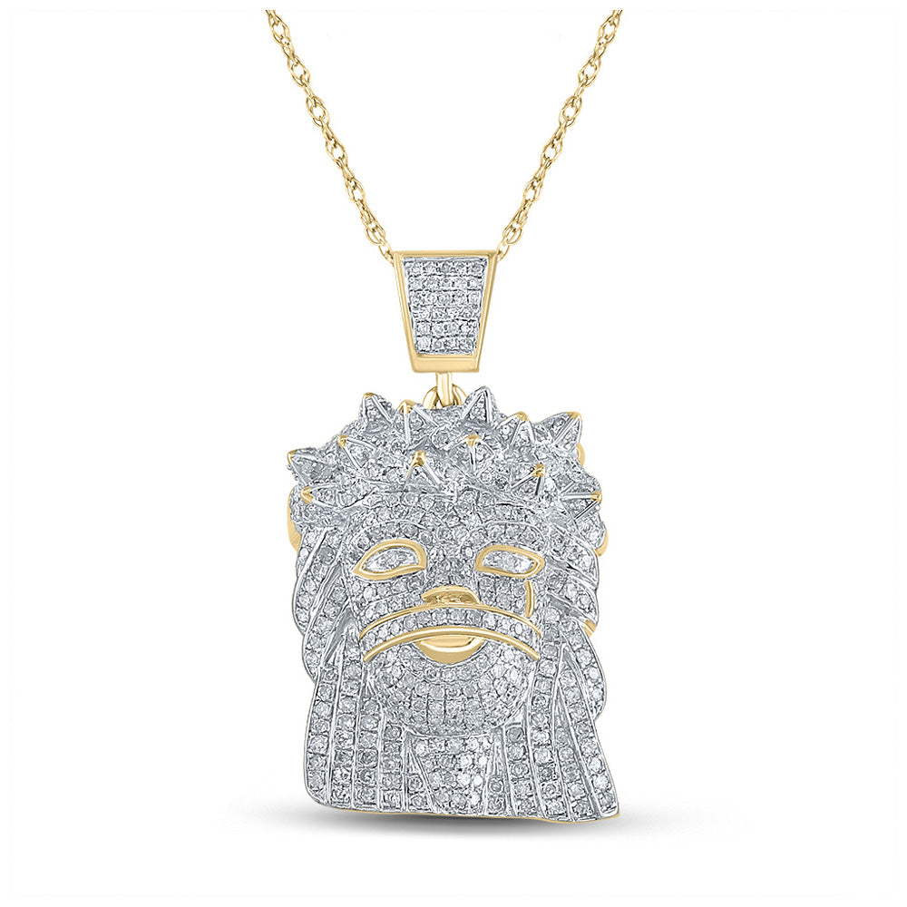 Yellow-tone Sterling Silver Mens Round Diamond Jesus Face Charm Pendant 1-3/4 Cttw