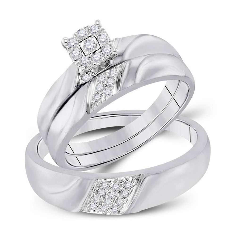 10kt White Gold His Hers Round Diamond Cluster Matching Wedding Set 1/5 Cttw