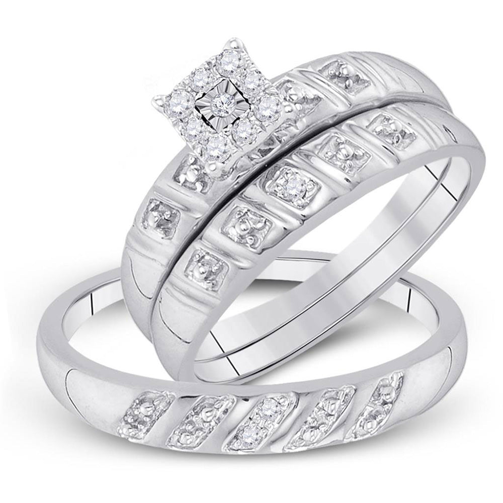 10kt White Gold His Hers Round Diamond Cluster Matching Wedding Set 1/8 Cttw