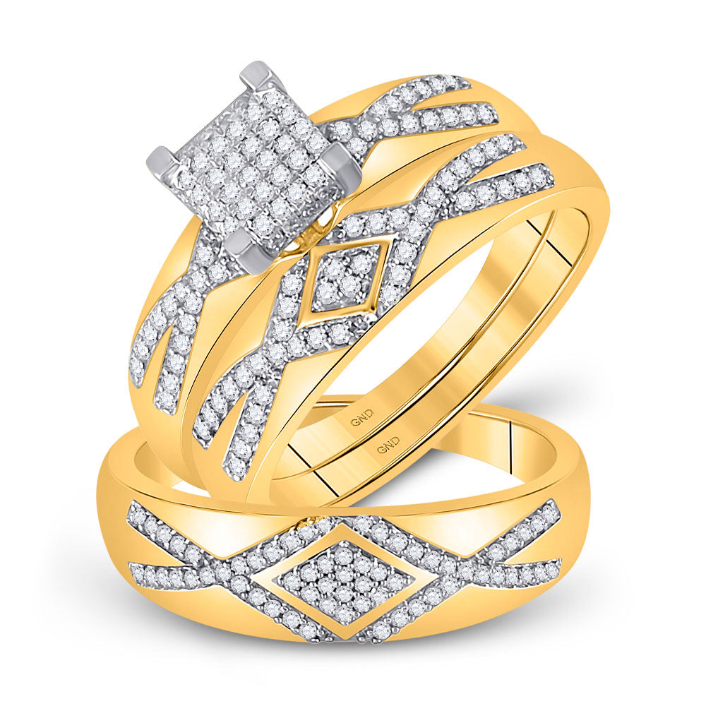10kt Yellow Gold His Hers Round Diamond Cluster Matching Wedding Set 1/2 Cttw