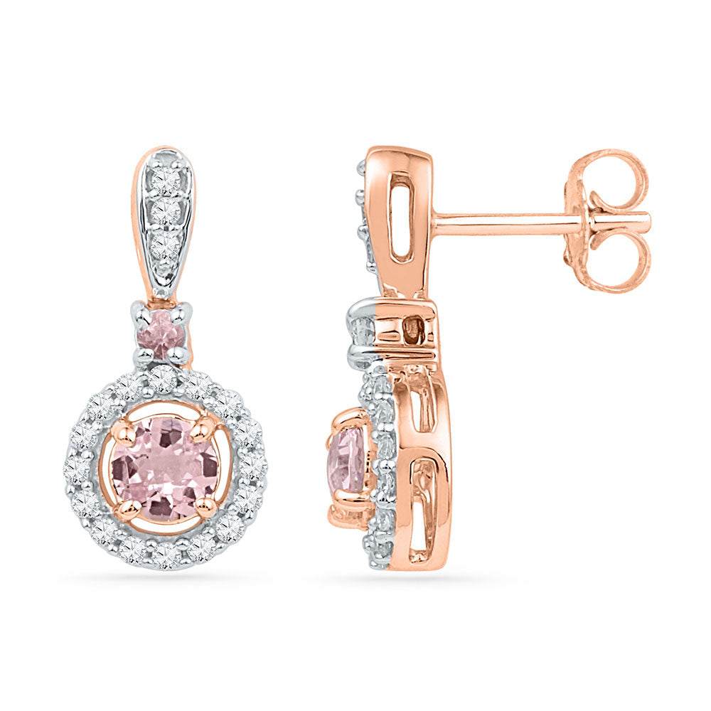 10kt Rose Gold Womens Round Morganite Diamond Circle Dangle Earrings 1 Cttw